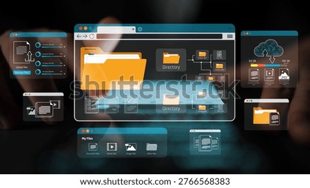Digital Concept of File Management, Data Organization, and Cloud Storage with Interactive User Interface, Hands Using Touchscreen Technology Sigmoid