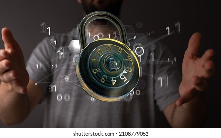 A digital concept of a floating padlock between a man's hands which resembles security and data protection - Powered by Shutterstock - Get 15% off with code: PIKWIZARD15