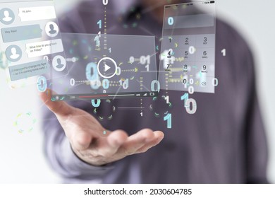 A digital concept of an Interface web application and binary code in hand