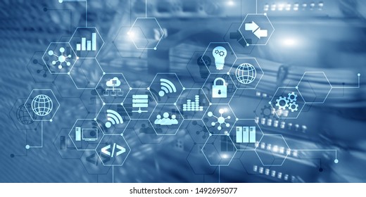 Digital Concept Internet Of Things Information And Telecommunication Technology. Double Exposure Icons And Server Room Background