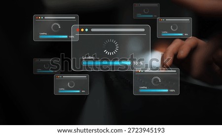 Digital concept of multiple web browser windows loading on a user device, showcasing progress indicators and loading animations in a modern design. Gluon.
