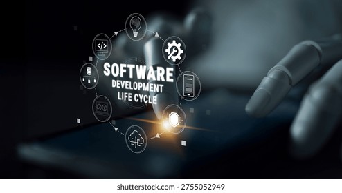 Digital Concept of Software Development Life Cycle with Icons Showing Different Stages of Development and a Robotic Hand Pointing at a Smartphone Screen Quark.