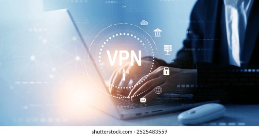 Digital connection between computer and a remote server owned VPN provider.VPN(Virtual Private Network) secure connection.Remote server private internet network to protect privacy personal data.