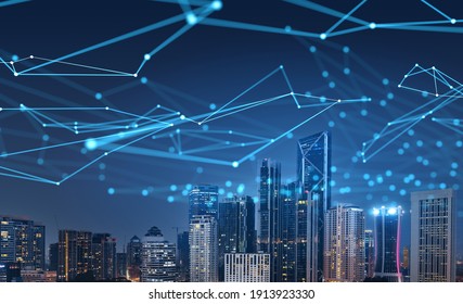 Digital connection polygonal dots and lines on a night skyline, wireless communication network concept. 