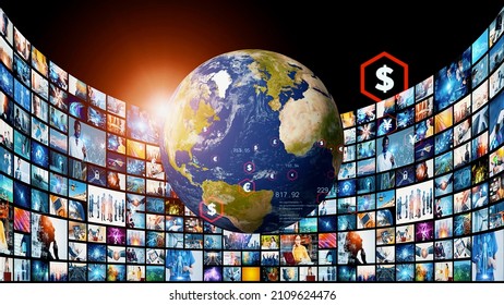 Digital contents concept. Social networking service. Streaming video. NFT. Non-fungible token. Elements of this image furnished by NASA. 3D rendering.