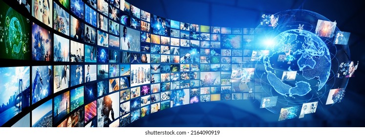 Digital contents concept. Social networking service. Streaming video. NFT. Non-fungible token. Wide angle visual for banners or  advertisements. - Shutterstock ID 2164090919