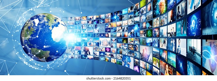 Digital contents concept. Social networking service. Streaming video. NFT. Non-fungible token. Wide angle visual for banners or  advertisements. - Shutterstock ID 2164820351