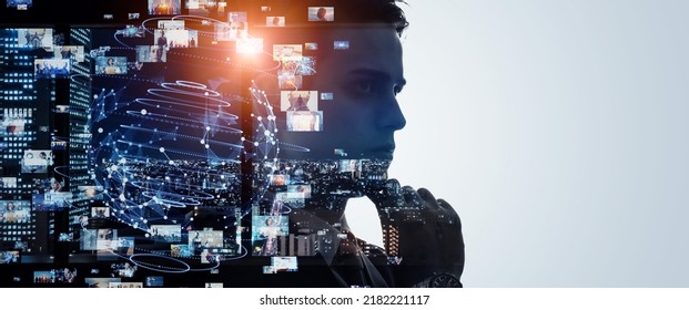 Digital contents concept. Social networking service. AI (Artificial Intelligence). Wide image for banners, advertisements. - Shutterstock ID 2182221117