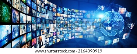 Digital contents concept. Social networking service. Streaming video. NFT. Non-fungible token. Wide angle visual for banners or  advertisements. Foto stock © 