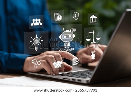 Digital copyright, Patents, Risks of using artificial intelligence, Ethics concept, Businessman aware of violations of copyright, intellectual property, Patents, legal protection, Safeguarding digital