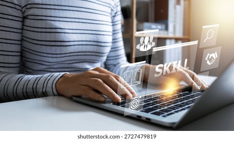 Digital courses to develop new skills, learning online concept.Woman hand using laptop computer study e-learning online education training for personal development and Professional study online. 