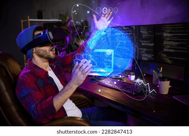Digital creative template collage of programmer it specialist develop web security safety using virtual reality gadget