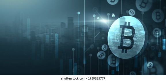 Digital cryptocurrency market Bitcoin blockchain token coin symbol graph rising trend concept, online network digital money currency technology computer code encryption, banner blue city background