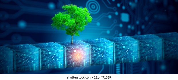 Digital Cube With Tree Against Nature With Digital Convergence And Technology Background. Ecology, Energy, Environment, Green Technology, And IT Ethics Concept.