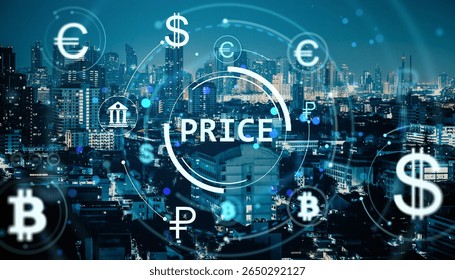 Digital currency symbols and fintech interface overlay on night city skyline, illustrating financial market, price data, and economic technology