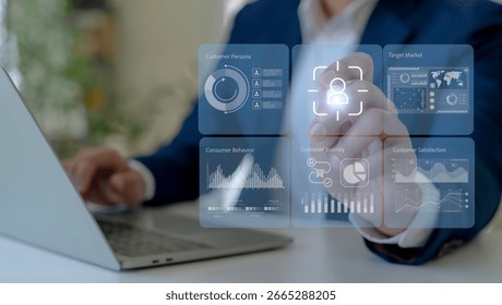 Digital customer analytics concept. Customer analytics dashboard, customer persona, journey, behavior and satisfaction. Data driven marketing, business intelligence and customer insight analysis.