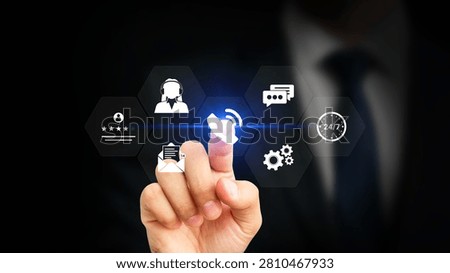 Digital Customer Service and Technical Support Concept. Businessman Touching Helpdesk Icon on Virtual Screen. Live Chat Assistance, IT Help Center, Voice Assistant, 247 Help, Online Client Services.
