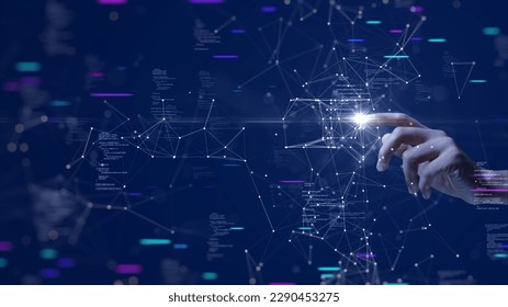 Digital cyber era technology concept. Human hand touching interconnected polygons of massive amounts of data glowing on a dark blue background. New innovations that are coming to change the world. - Powered by Shutterstock - Get 15% off with code: PIKWIZARD15