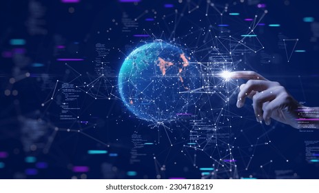 Digital cyber era technology concept. Human hand touching interconnected polygons of massive amounts of data glowing on a dark blue background. New innovations that are coming to change the world. - Shutterstock ID 2304718219
