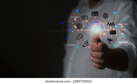 Digital cyber protection scan processing of biometric identification fingerprint scanner security of to access data, security scanning of digital programs cyber futuristic applications.