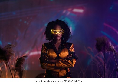  digital cyber world technology, woman with smart goggles playing augmented reality game, futuristic lifestyle