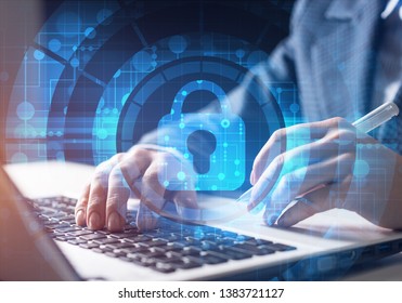 Digital cybersecurity and network protection concept. Virtual locking mechanism to access shared resources. Interactive virtual control screen with padlock. Businessman working at laptop on background