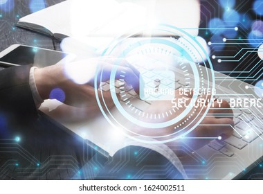Digital cybersecurity and network protection concept. Businessman working at laptop - Shutterstock ID 1624002511