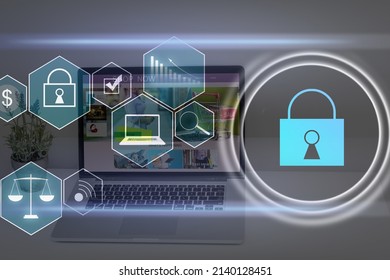 Digital cybersecurity and network protection concept. Virtual locking mechanism to access shared resources. Interactive virtual control screen with padlock. laptop on background