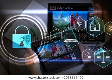Digital cybersecurity and network protection concept. Virtual locking mechanism to access shared resources. Interactive virtual control screen with padlock. laptop on background
