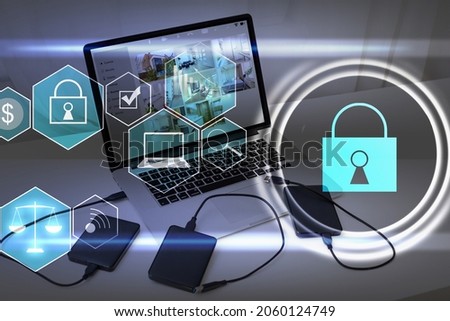 Digital cybersecurity and network protection concept. Virtual locking mechanism to access shared resources. Interactive virtual control screen with padlock. laptop on background