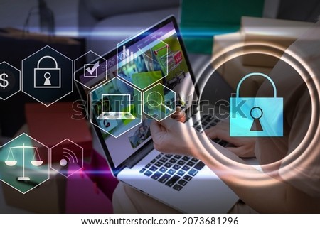 Digital cybersecurity and network protection concept. Virtual locking mechanism to access shared resources. Interactive virtual control screen with padlock. laptop on background