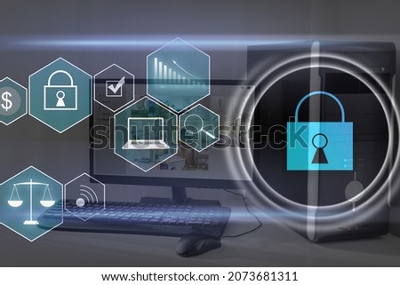 Digital cybersecurity and network protection concept. Virtual locking mechanism to access shared resources. Interactive virtual control screen with padlock. laptop on background