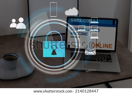 Digital cybersecurity and network protection concept. Virtual locking mechanism to access shared resources. Interactive virtual control screen with padlock. laptop on background