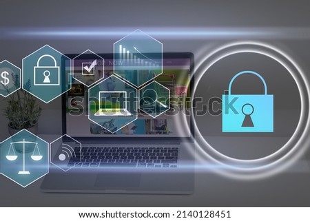 Digital cybersecurity and network protection concept. Virtual locking mechanism to access shared resources. Interactive virtual control screen with padlock. laptop on background