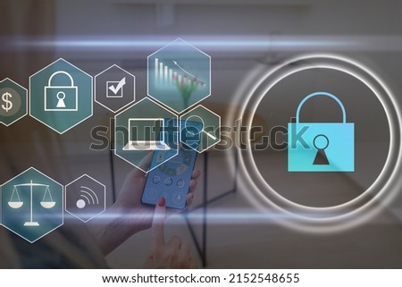 Digital cybersecurity and network protection concept. Virtual locking mechanism to access shared resources. Interactive virtual control screen with padlock. laptop on background
