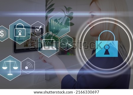 Digital cybersecurity and network protection concept. Virtual locking mechanism to access shared resources. Interactive virtual control screen with padlock. laptop on background