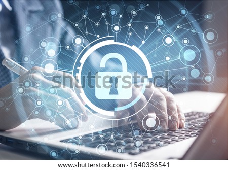 Digital cybersecurity and network protection. Virtual locking mechanism to access shared resources. Interactive virtual control screen. Protect personal data and privacy from cyberattack and hacker