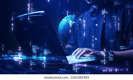 Digital cybersecurity technology protects data from threats. concept of the person using a computer connected to an internet network to search global online information on dark blue background.