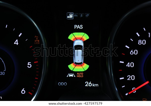 Digital dashboard of a modern car, showing all\
different functions