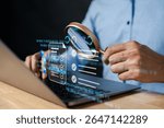 Digital data analysis and form checklist. Businessman using magnifying glass on document, analyzing reports, reviewing performance, and verifying online tasks with technology.