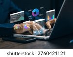 Digital data analytics dashboard on laptop showing charts and graphs, representing business intelligence, big data analysis, reporting system and performance monitoring.