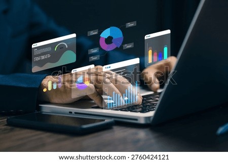 Digital data analytics dashboard on laptop showing charts and graphs, representing business intelligence, big data analysis, reporting system and performance monitoring.