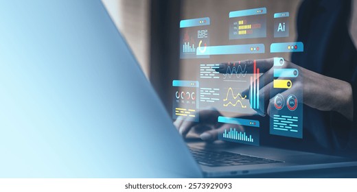 Digital data analytics interface, futuristic style, hands interact, over laptop, concept of technology and innovation