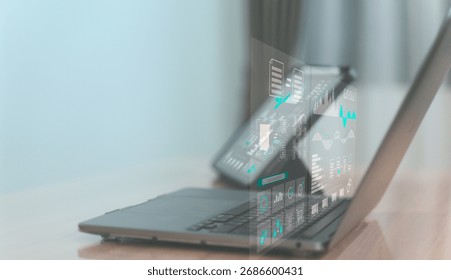 Digital data analytics and virtual dashboard concept on laptop computer.
