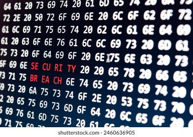 Digital data breach concept displaying "security breach" in glowing alphanumeric code