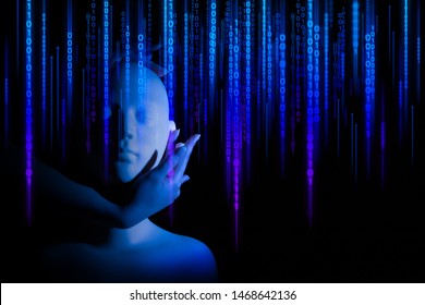 digital data deep learning ai robot bionic automatic face, technology network, cyberpunk futuristic concept, binary computer code hacker