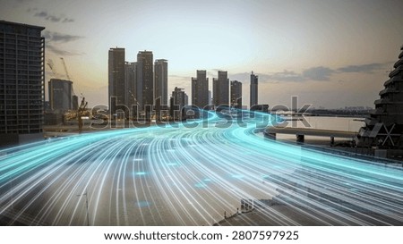 Digital data flow across a modern city symbolizes AI driven business growth, enterprise, smart infrastructure and innovation