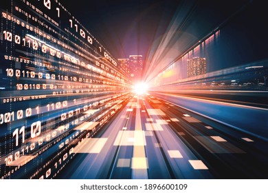 Digital data flow on road with motion blur to create vision of fast speed transfer . Concept of future digital transformation , disruptive innovation and agile business methodology .