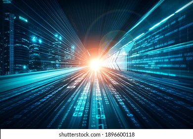 Digital data flow on road with motion blur to create vision of fast speed transfer . Concept of future digital transformation , disruptive innovation and agile business methodology . - Shutterstock ID 1896600118