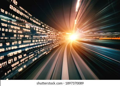 Digital data flow on road with motion blur to create vision of fast speed transfer . Concept of future digital transformation , disruptive innovation and agile business methodology . - Shutterstock ID 1897370089